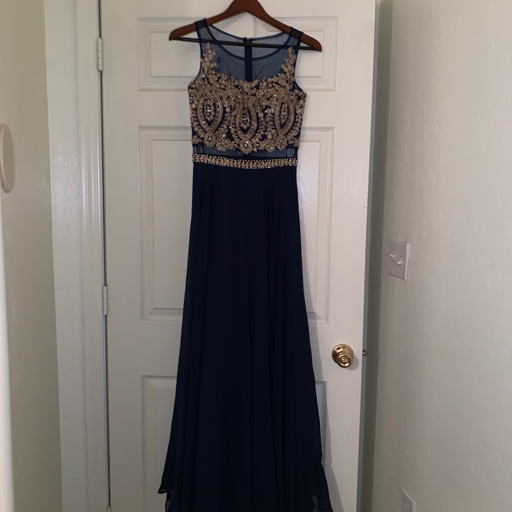 Blue long gown with beaded/embroidered top